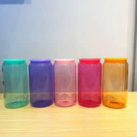 USA Warehouse 25Packs 16oz Glass Tumbler Transparents Colored Sublimation Glass Can with Plastic Lid (Color: mixed color, Capacity: 16oz-25pcs)